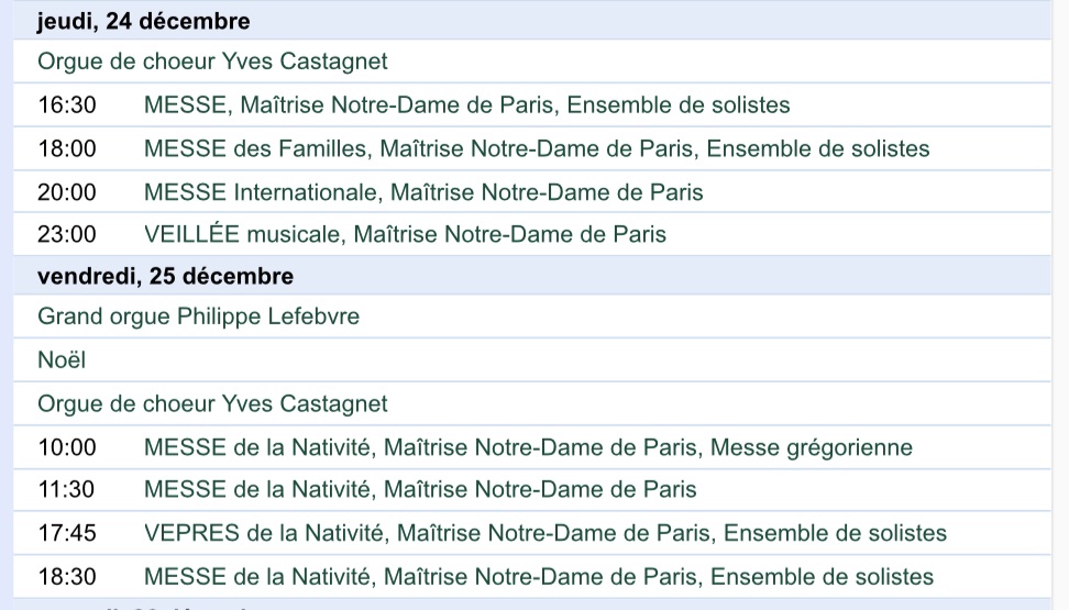 Programme des messes de Noël à Notre-Dame de Paris